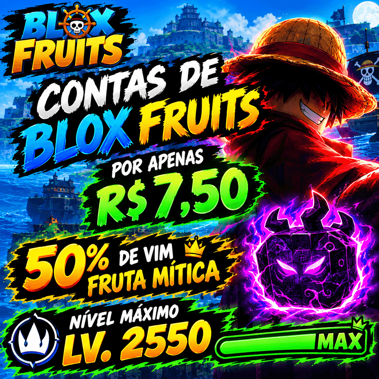 Conta de blox fruits nível 2550 com 50% de vim fruta mitica