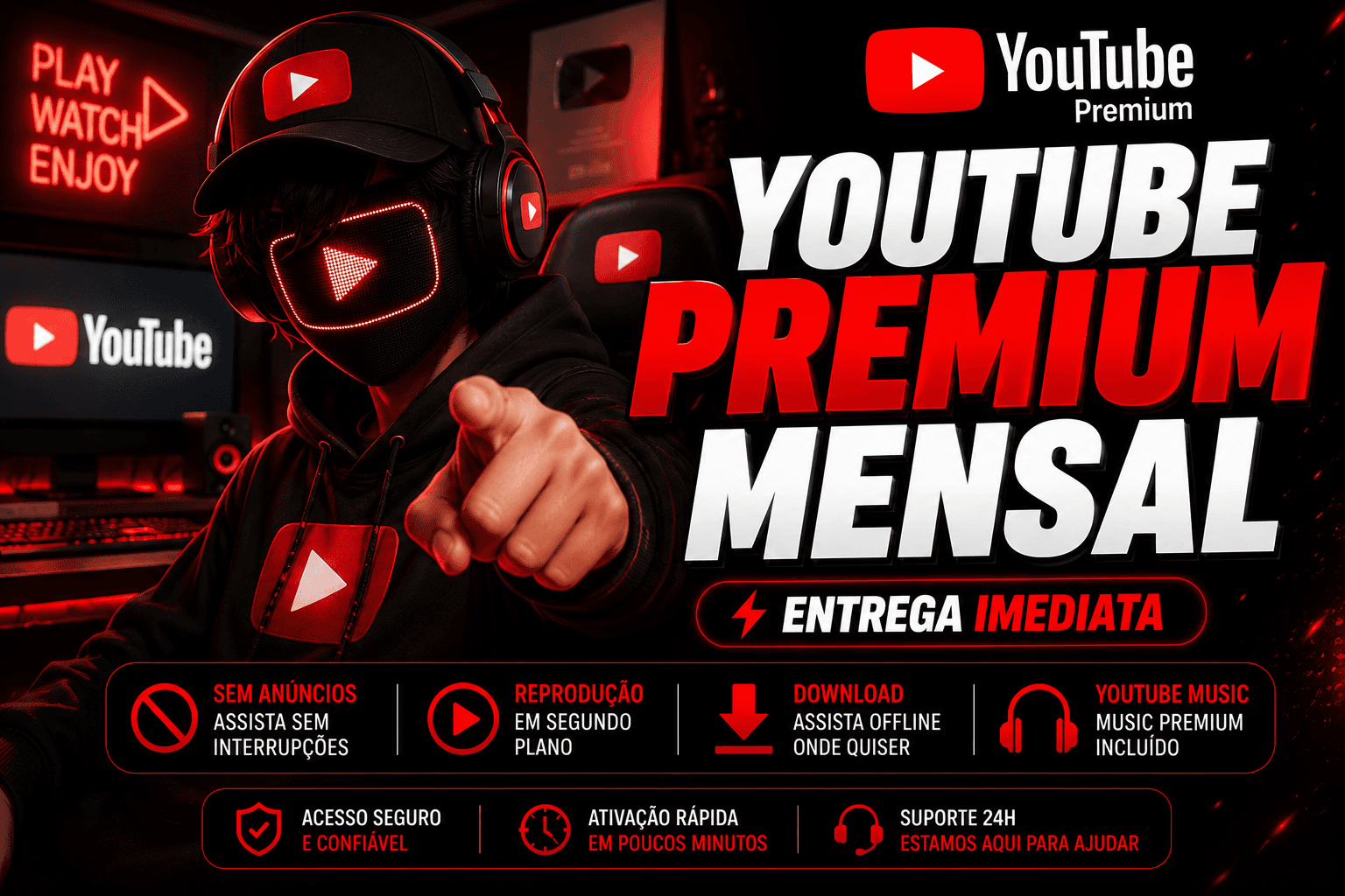 🔥 YouTube Premium Mensal – Sem Anúncios | Entrega Imediata